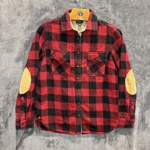 Roots Canada Shirt Mens Medium Red Black Buffalo Plaid Flannel Elbow Patches